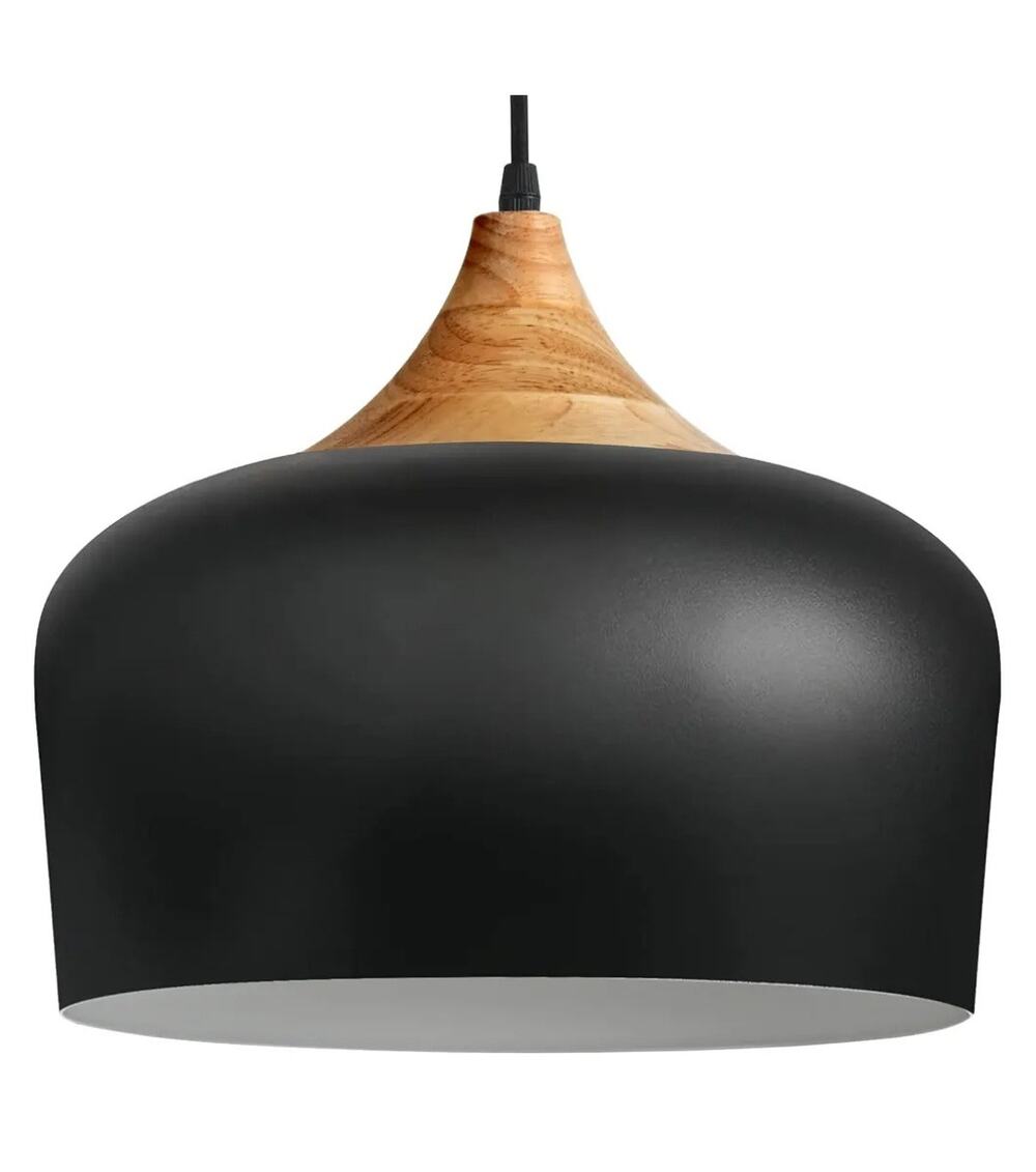 Modern Wood Dome Pendant Light – 12" Black Metal + Solid Wood, Adjustable Length